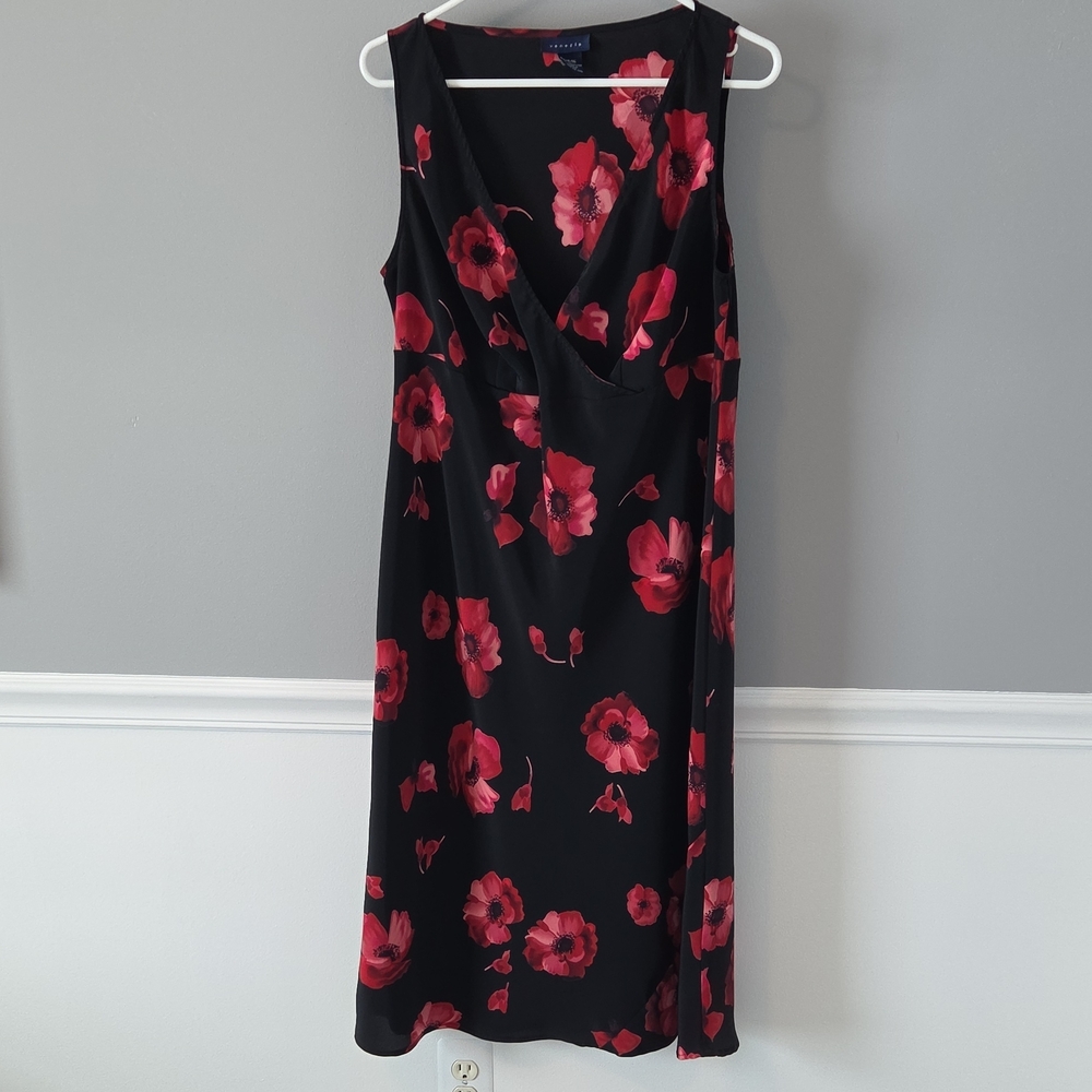 Black Midi Dress with Red Floral Design 14-16 Classic Feminine